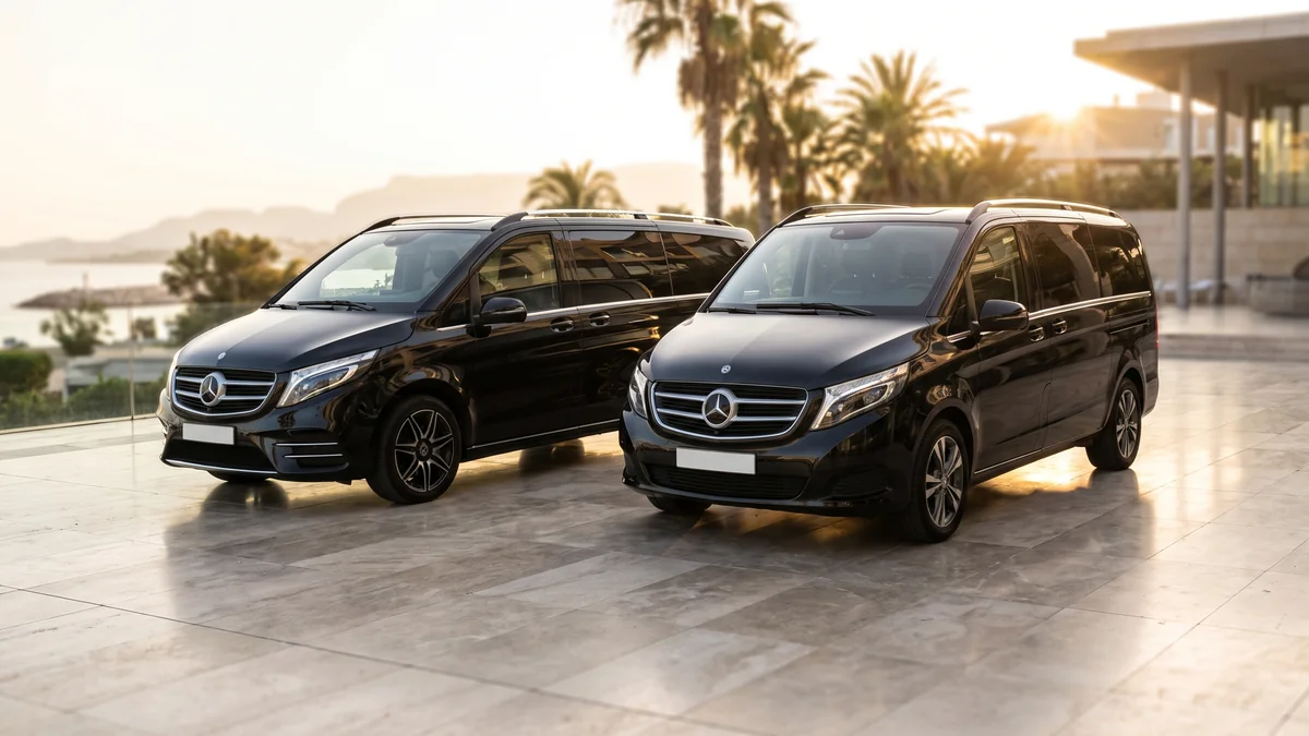 Flotte de vans avec chauffeur alignés, van éco et van Mercedes, à Bordeaux