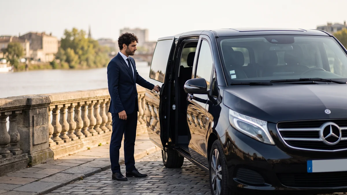 Chauffeur ouvrant la portière coulissante d'un van avec chauffeur pour un groupe à Bordeaux