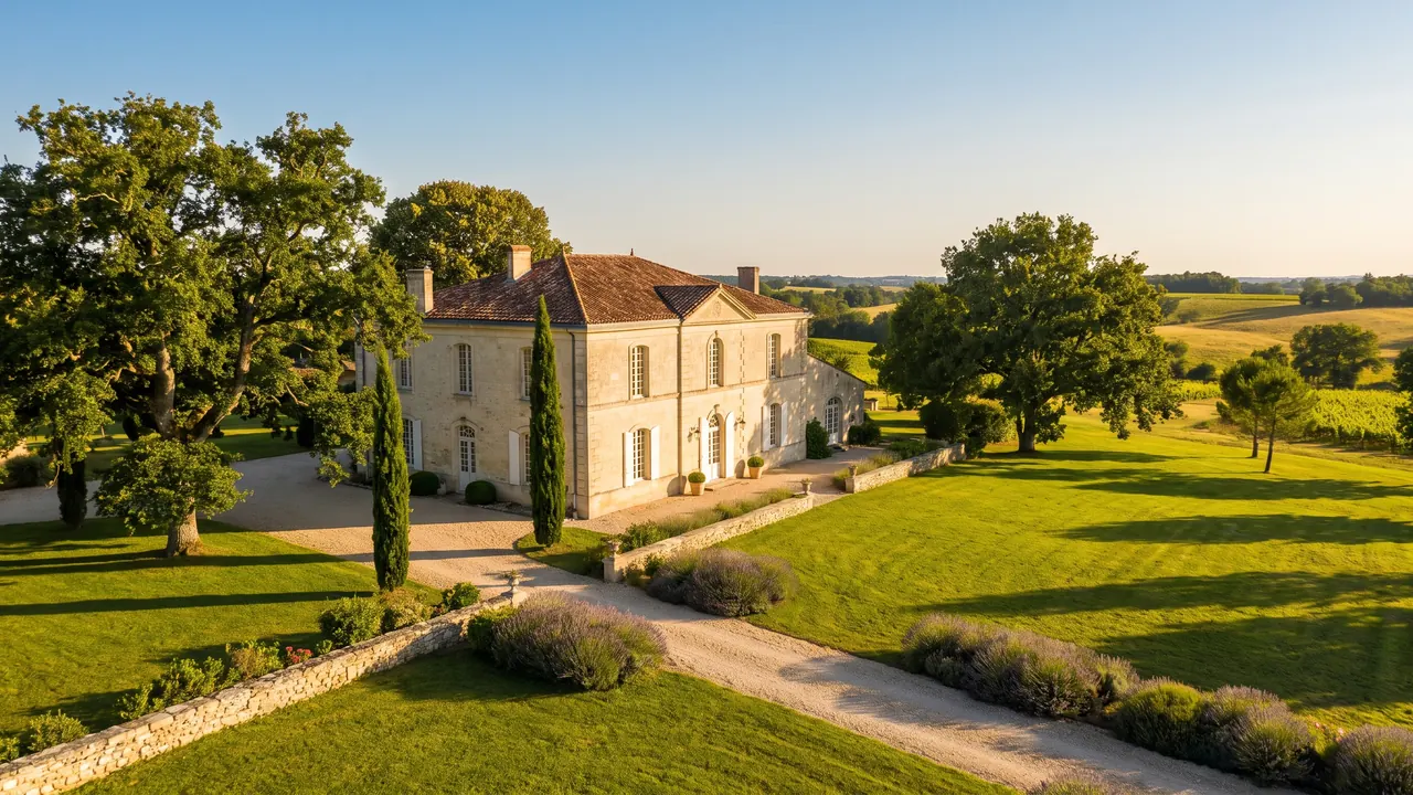Un élégant manoir charentais en pierre calcaire claire, toiture de tuiles et hautes fenêtres