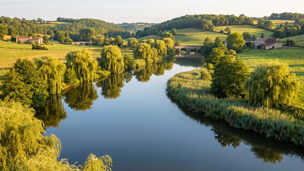La rivière Dronne serpentant dans une vallée verdoyante du Sud-Charente, eau calme et miroitante