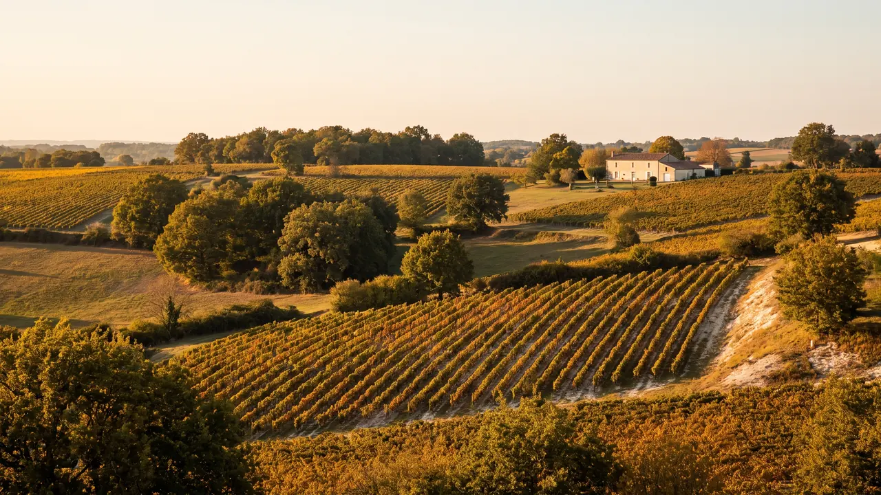 Des vignes de cognac ondulant sur les coteaux calcaires de la Charente, rangs bien alignés sur des pentes douces