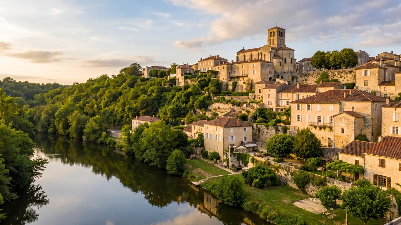 Le village de pierre blanche d'Aubeterre-sur-Dronne étagé à flanc de colline