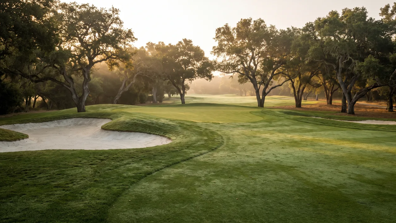 Un green de golf et son fairway encadrés de grands chênes, un bunker de sable au tracé courbe