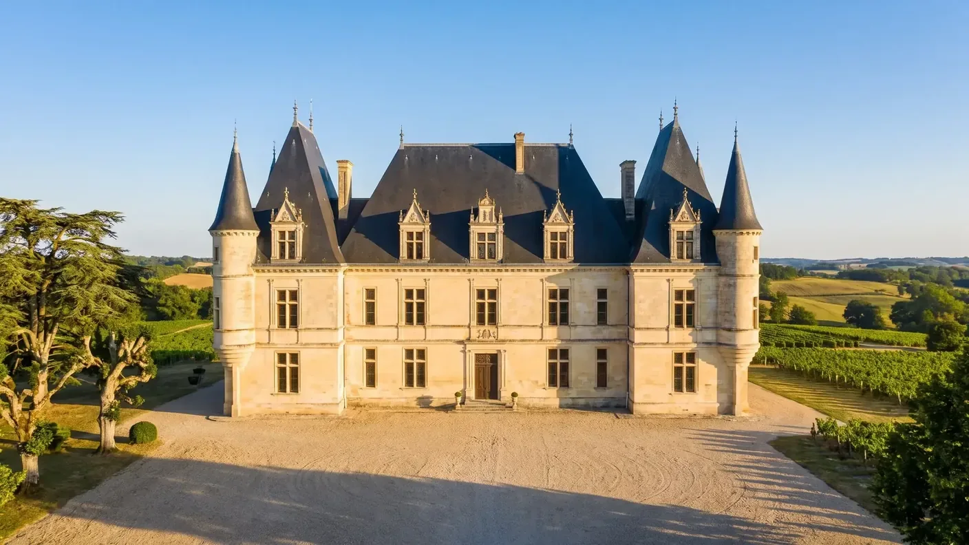 Château Renaissance en pierre évoquant Théobon au milieu des vignes