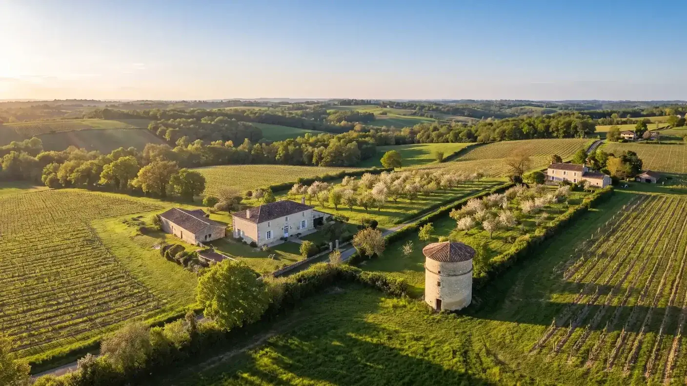 Vignes, vergers et pigeonnier dans la campagne de Loubès-Bernac