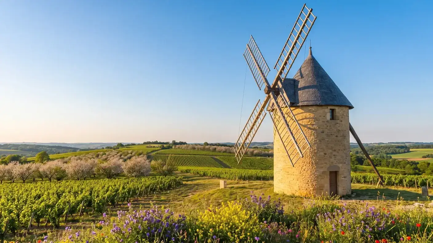 Moulin en pierre au milieu des vignes des Côtes de Duras