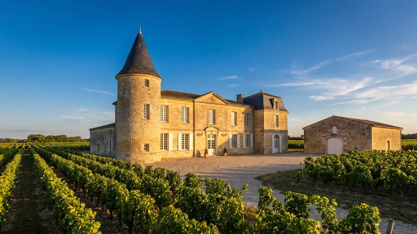 Château viticole en pierre au milieu des vignes de Lussac