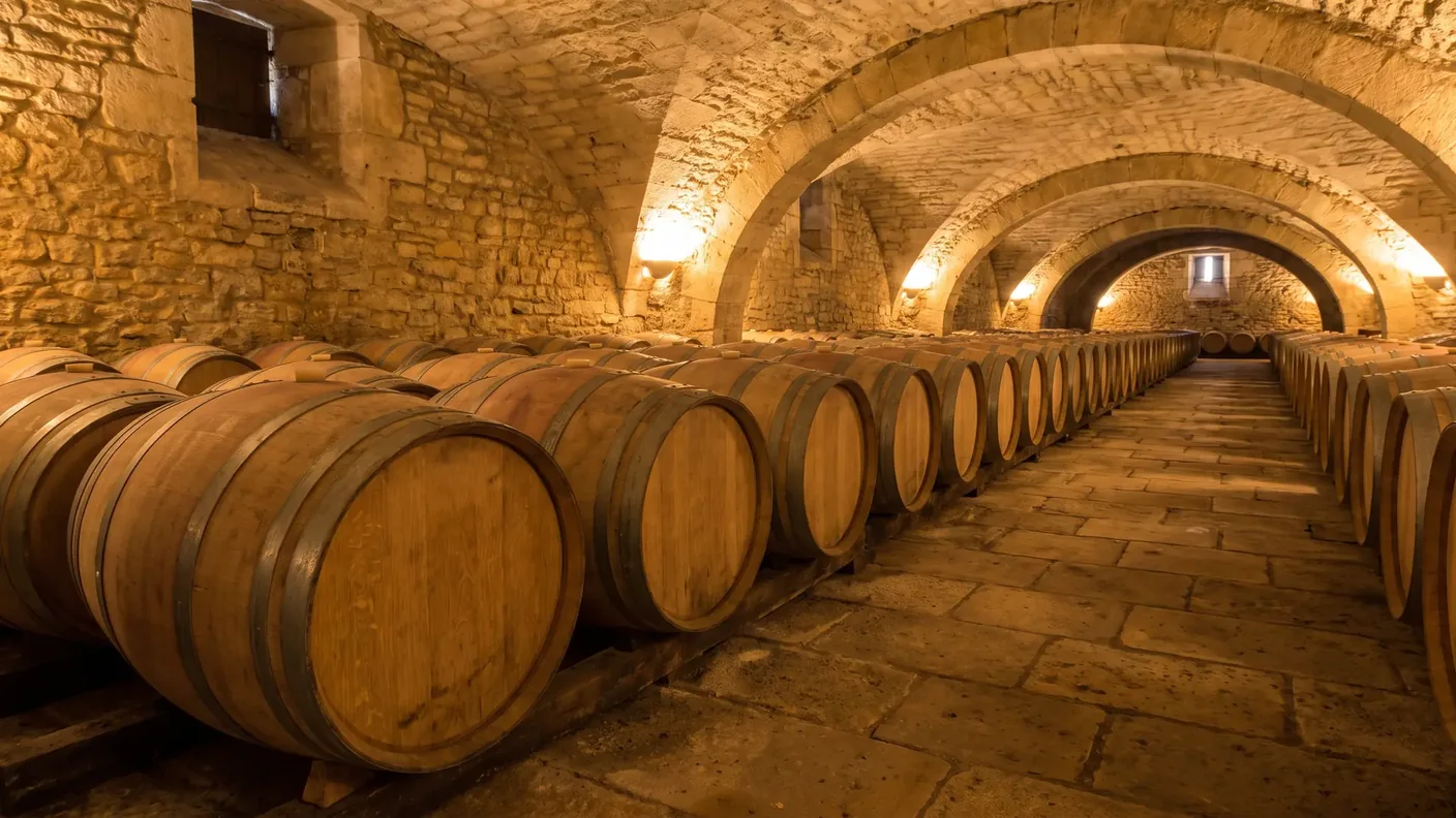 Barriques de chêne dans un chai voûté du Libournais