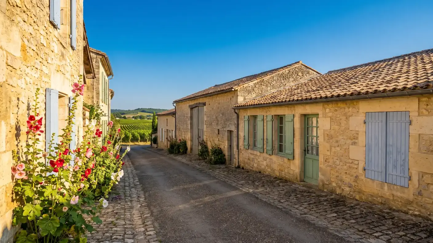 Hameau viticole en pierre et roses trémières près de Lussac