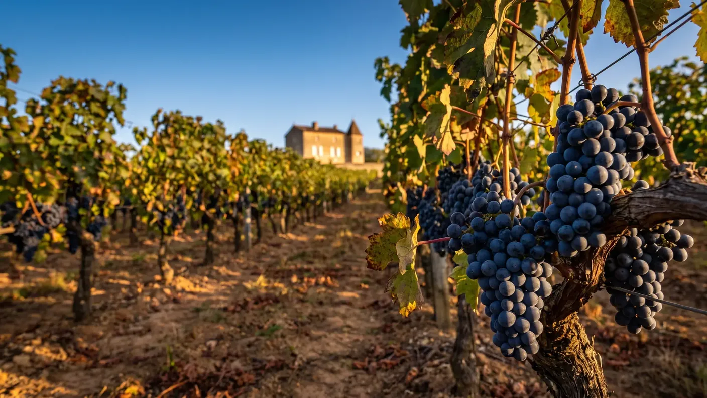 Grappes de merlot mûres dans le vignoble de Lussac