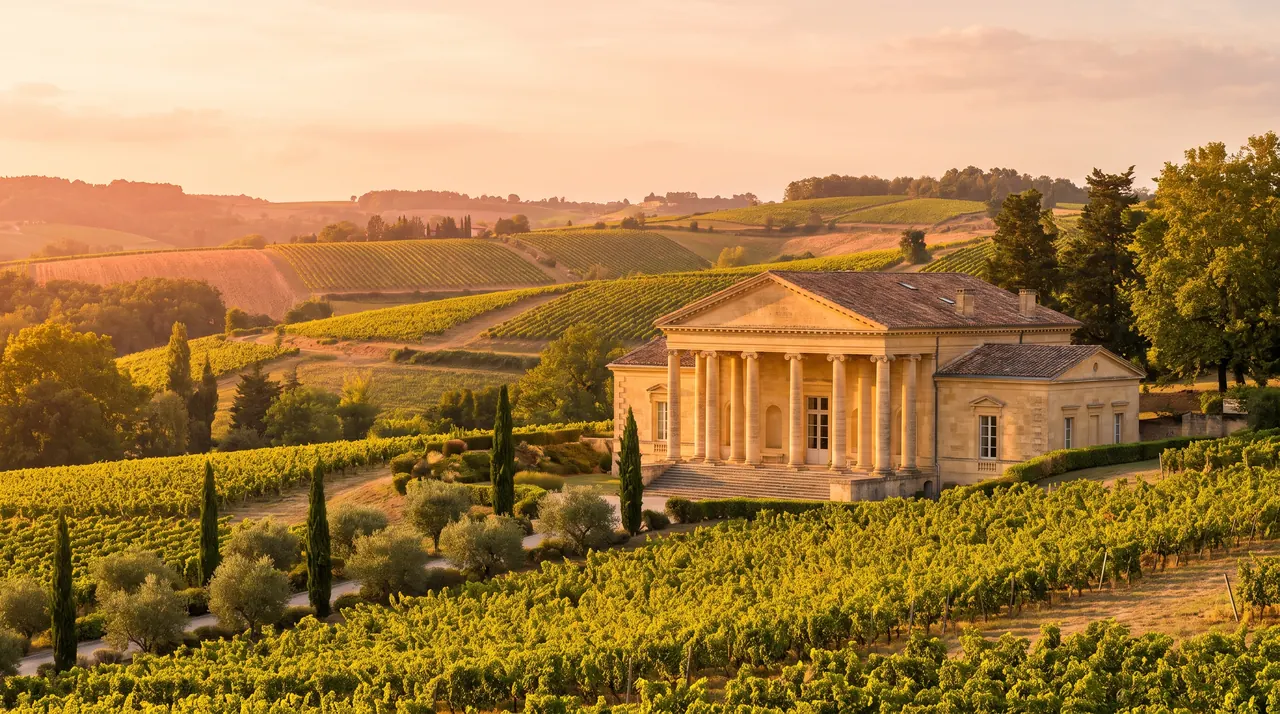 Grand château viticole néoclassique en pierre claire à fronton et colonnes ioniques, entouré de vignes, lumière chaude