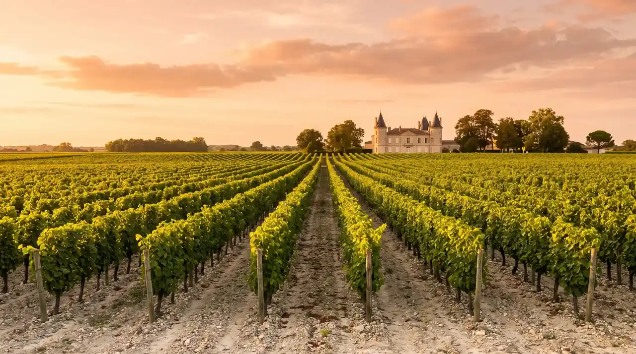Rangs de vignes sur un sol de graves clair dans l'appellation Margaux au soleil couchant, château de pierre au loin