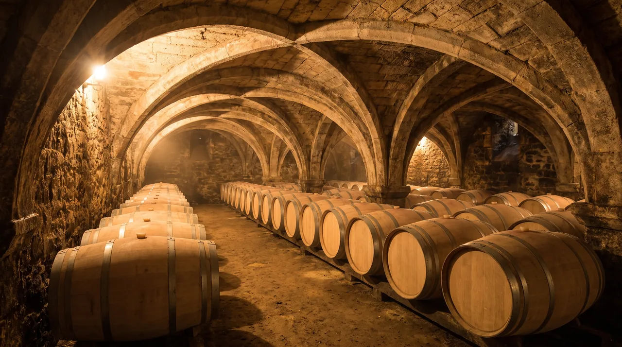 Rangées de barriques de chêne neuves dans un chai voûté en pierre à Margaux, lumière chaude tamisée sur le bois