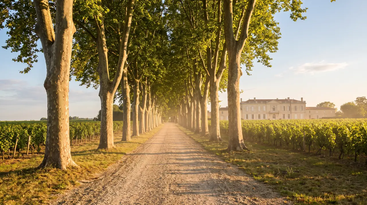 Longue allée de platanes menant vers un château de pierre claire, lumière dorée sur l'allée de gravier, vignes autour
