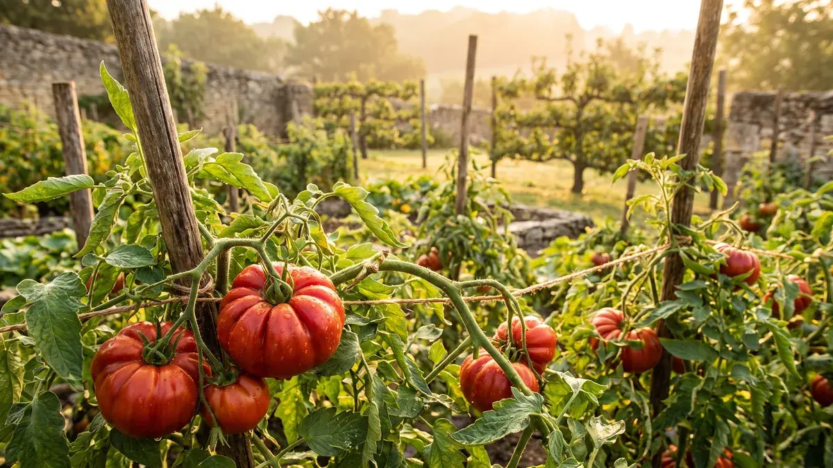 Tomates de Marmande rouges et côtelées dans un potager