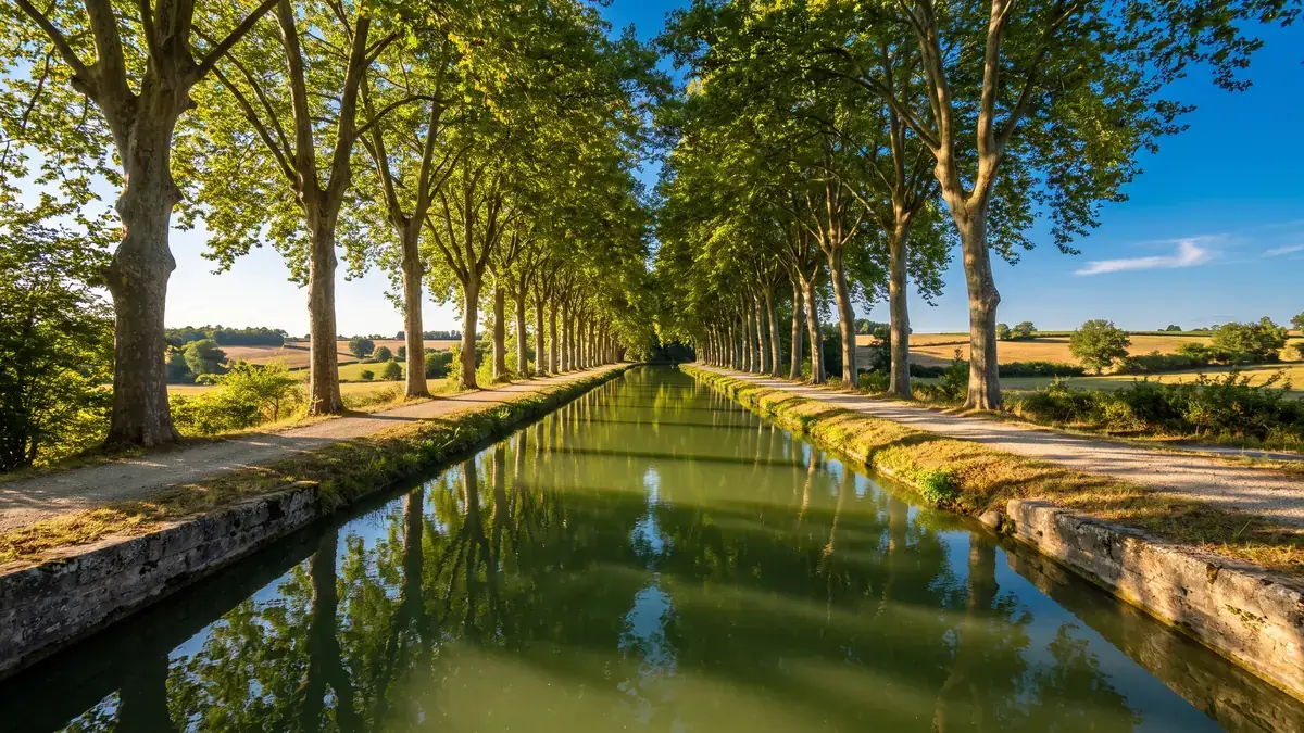 Canal latéral à la Garonne bordé de platanes près de Marmande