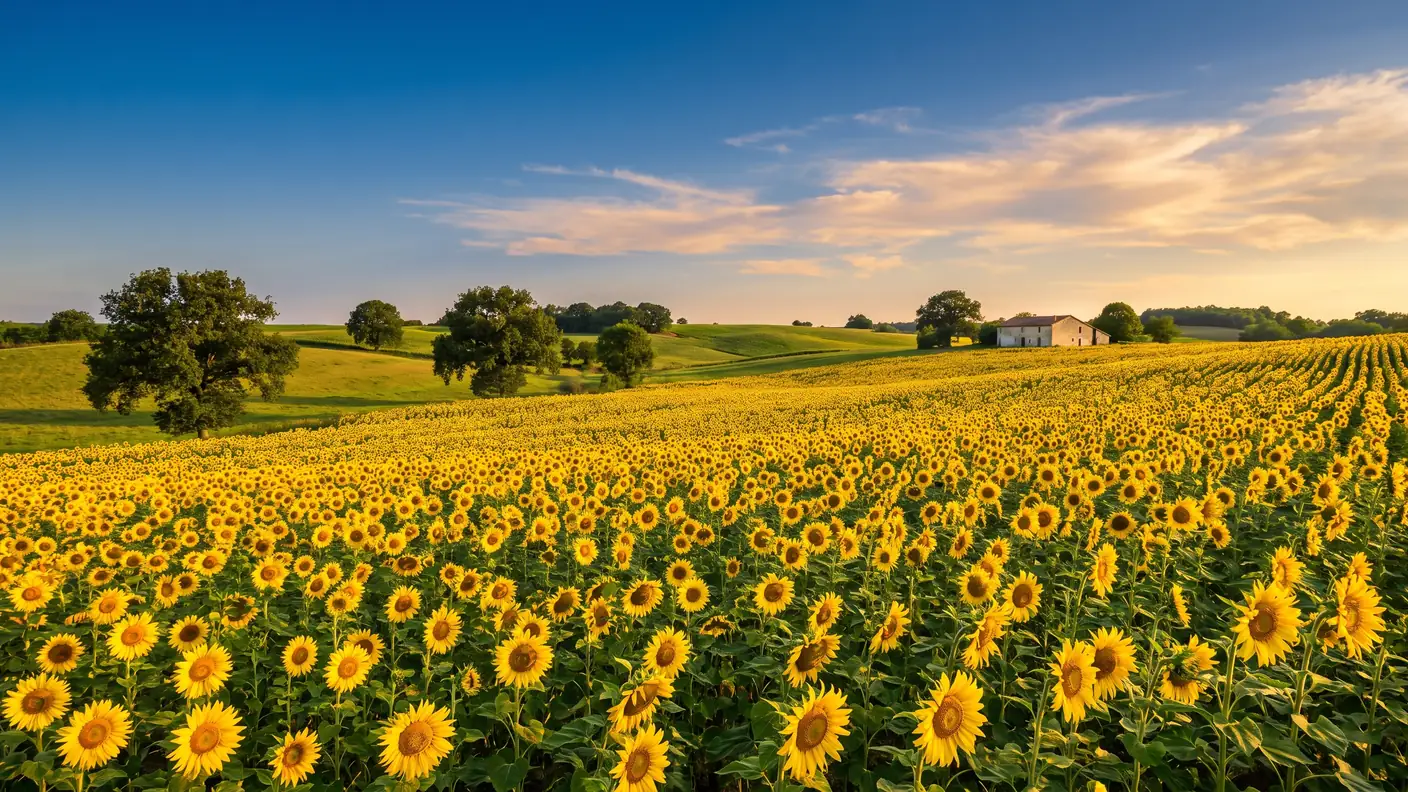 Champ de tournesols dans les collines agricoles du Gers en été