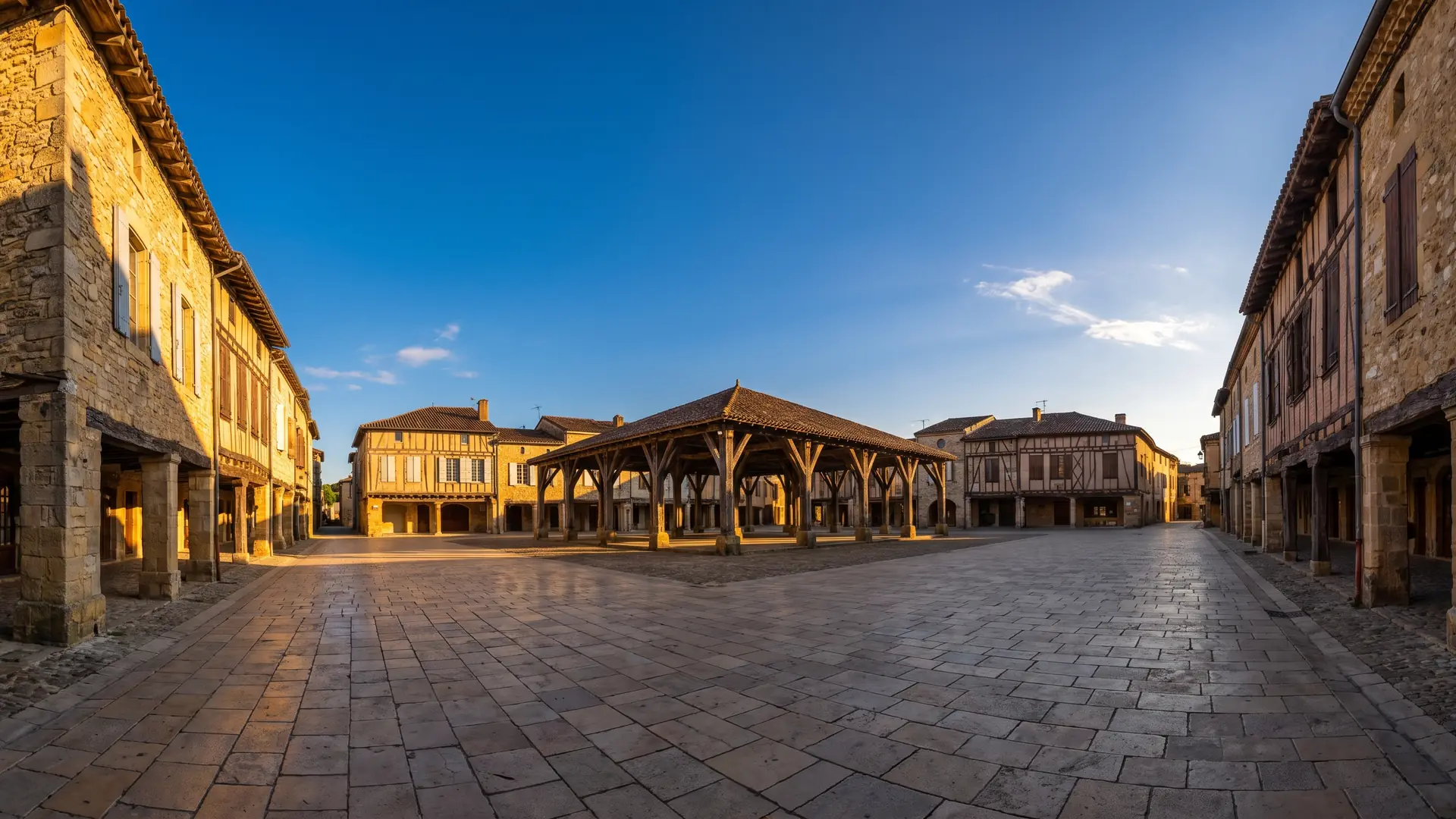 Place à arcades d'une bastide gasconne avec maisons en pierre et halle