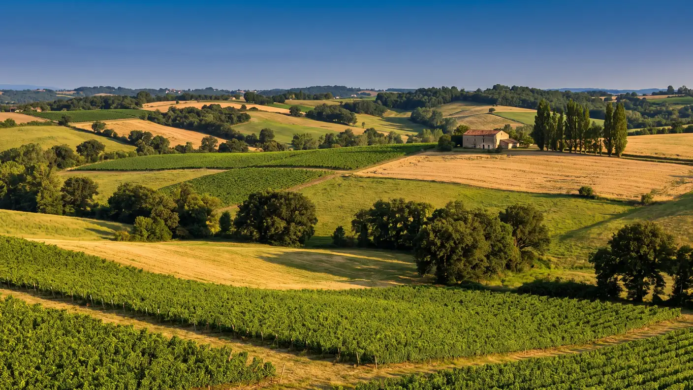 Coteaux du Gers avec vignes, champs, prairies, bosquets et ferme isolée