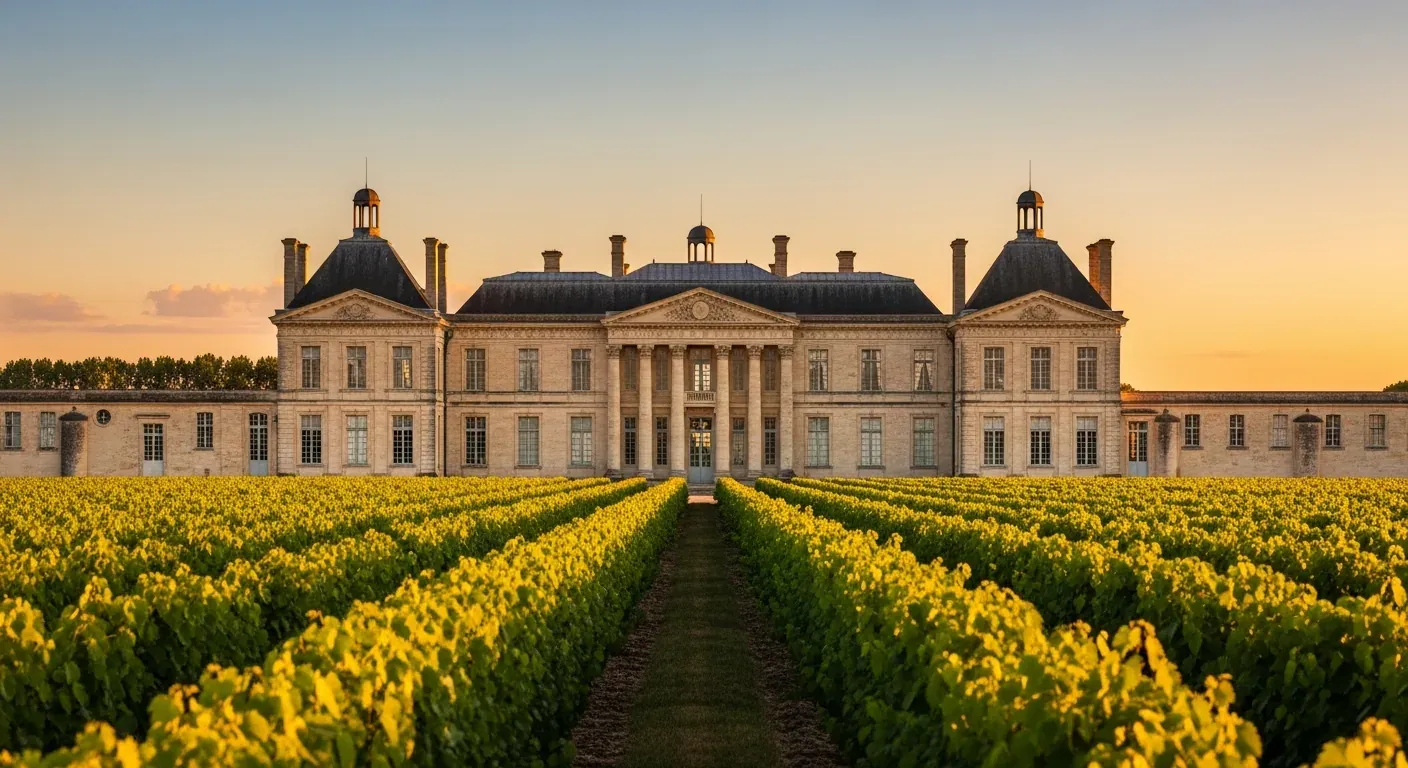 Château Margaux Médoc avec architecture néoclassique du XVIIIe siècle et allée bordée de cyprès