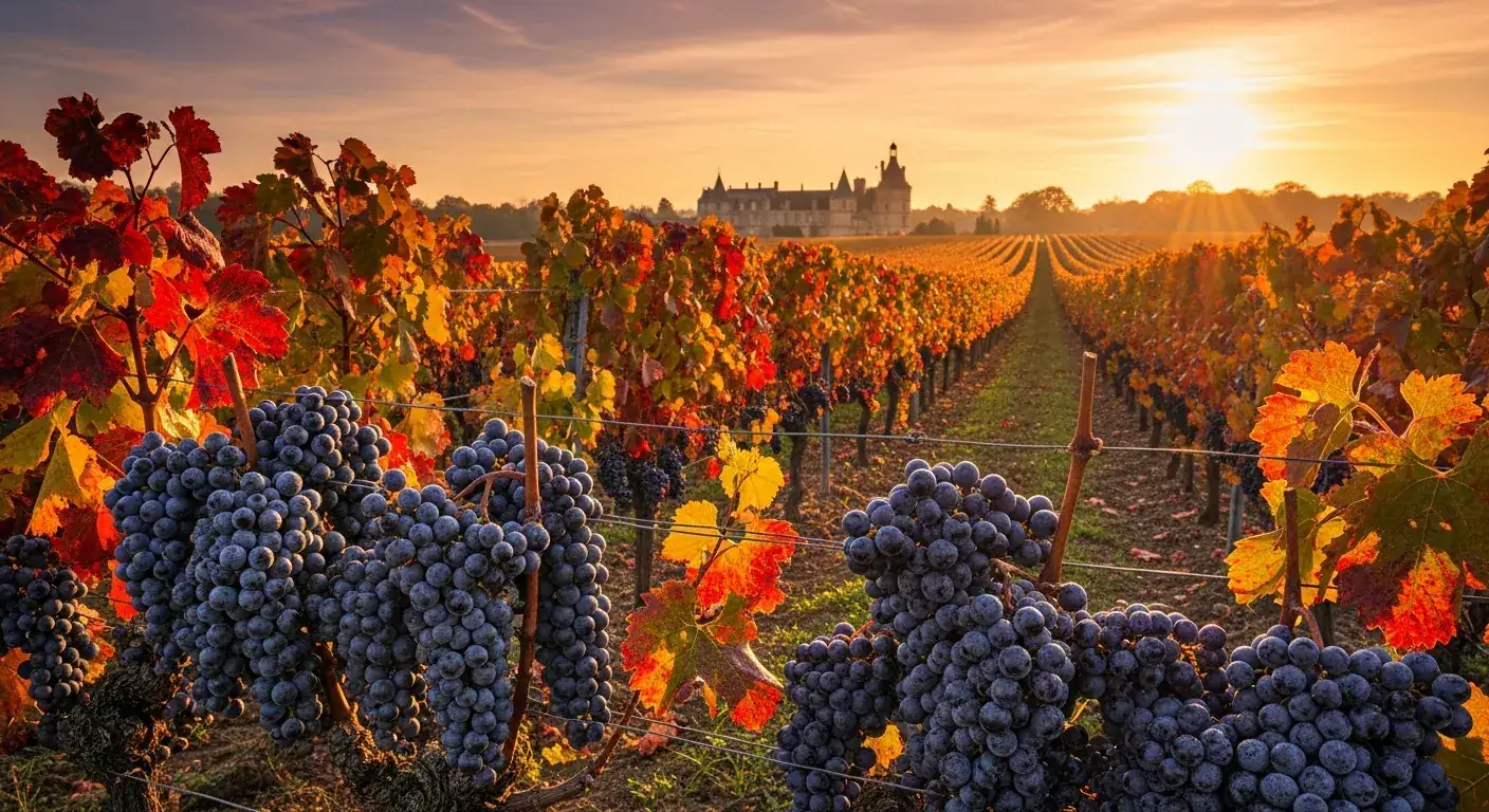 Vendanges automne à Pauillac Médoc avec vignes rousses et grappes de raisin prêtes à récolter