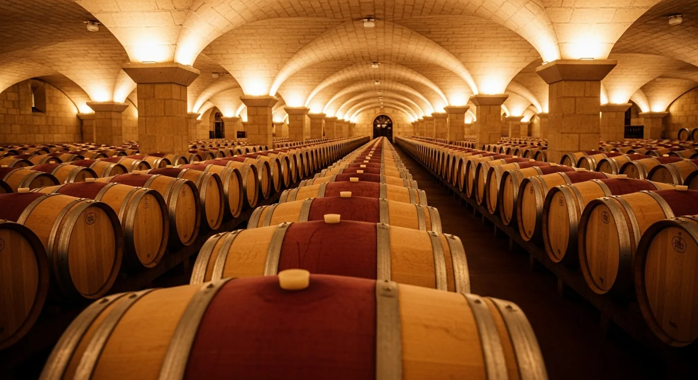 Chai de Grand Cru Médoc avec barriques de chêne français et voûte en pierre pour l'élevage du vin