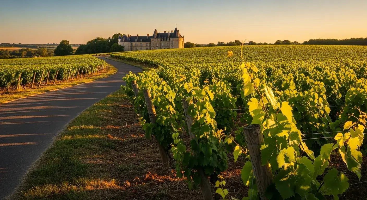 Route des Châteaux D2 Médoc bordée de vignes avec château bordelais à l'horizon