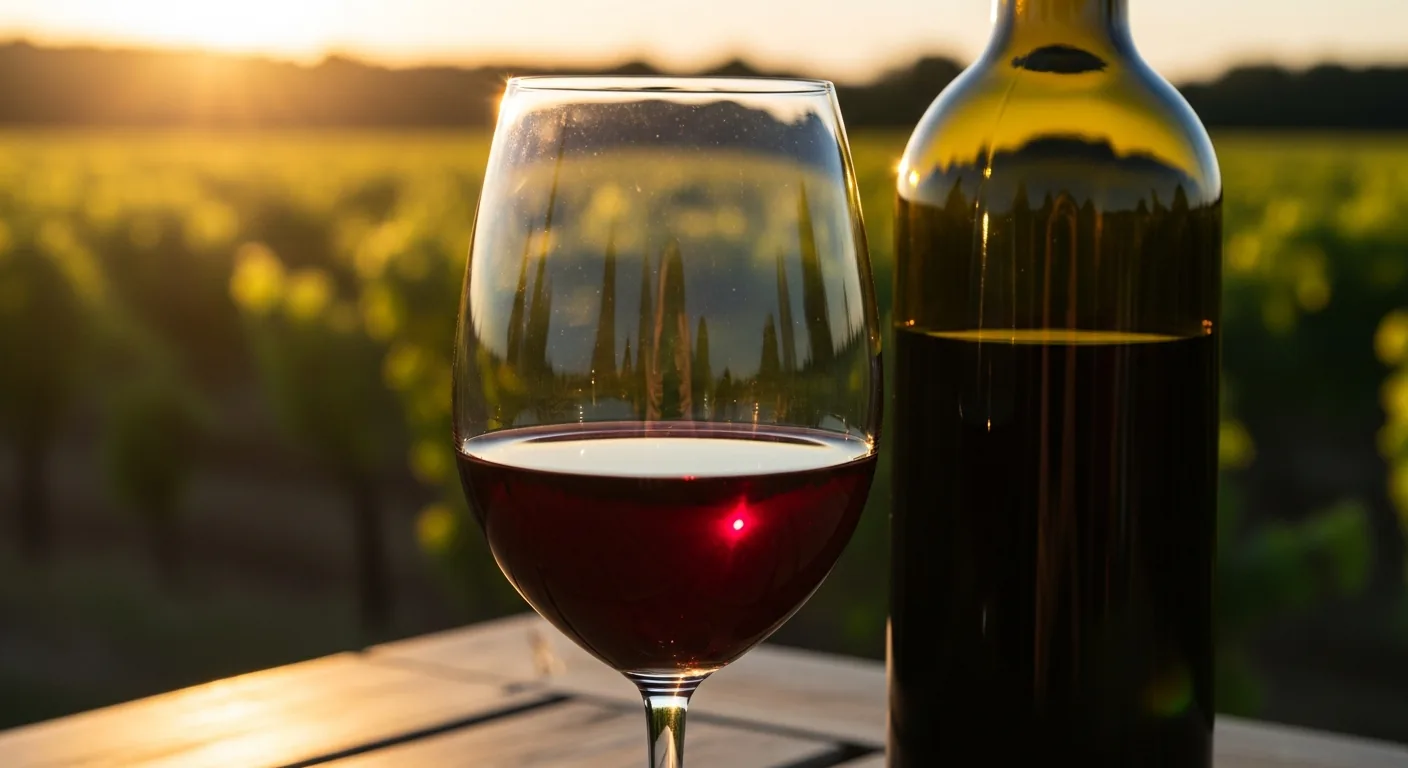 Dégustation de vin rouge Médoc dans un verre avec bouteille et tire-bouchon sur table en bois