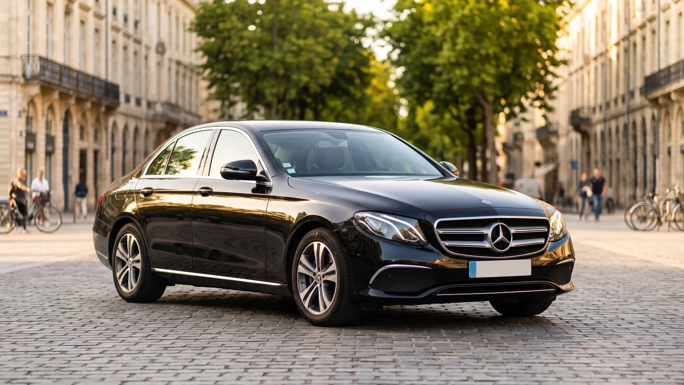 Berline VTC noire avec chauffeur place Tourny à Bordeaux, prix fixe affiché