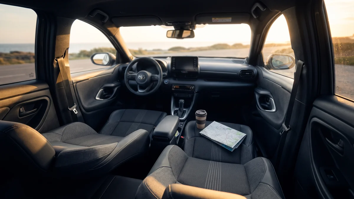 Intérieur soigné d'une Toyota Yaris hybride Eco, gamme la plus économique du VTC bordelais