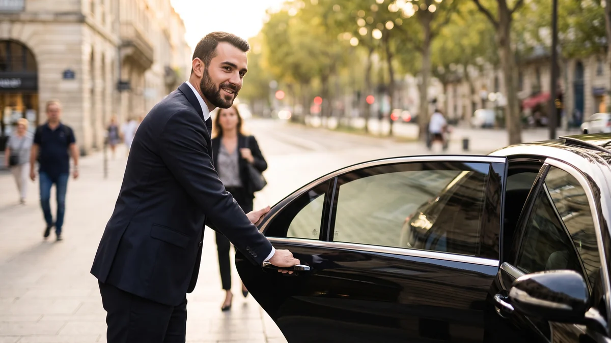 Chauffeur VTC présentant un devis fixe écrit sur tablette à un client à Bordeaux
