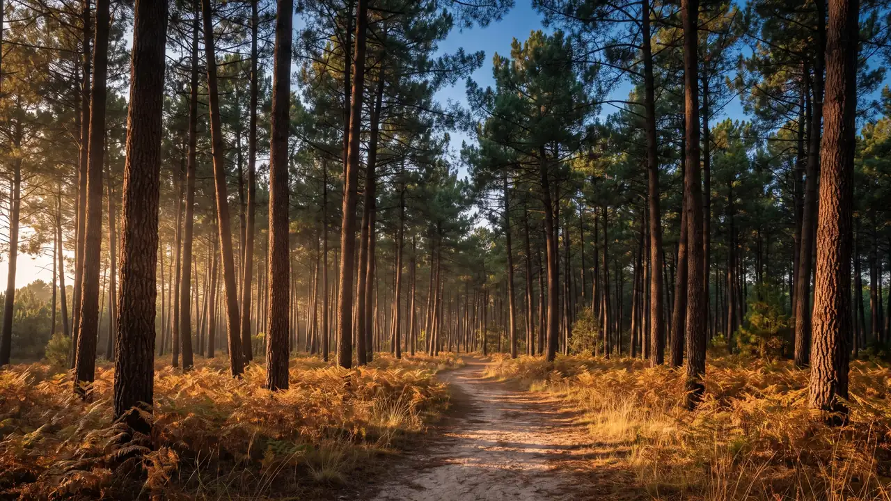 De hauts pins maritimes au tronc roux sur un tapis de fougères dorées, un sentier sablonneux entre les arbres