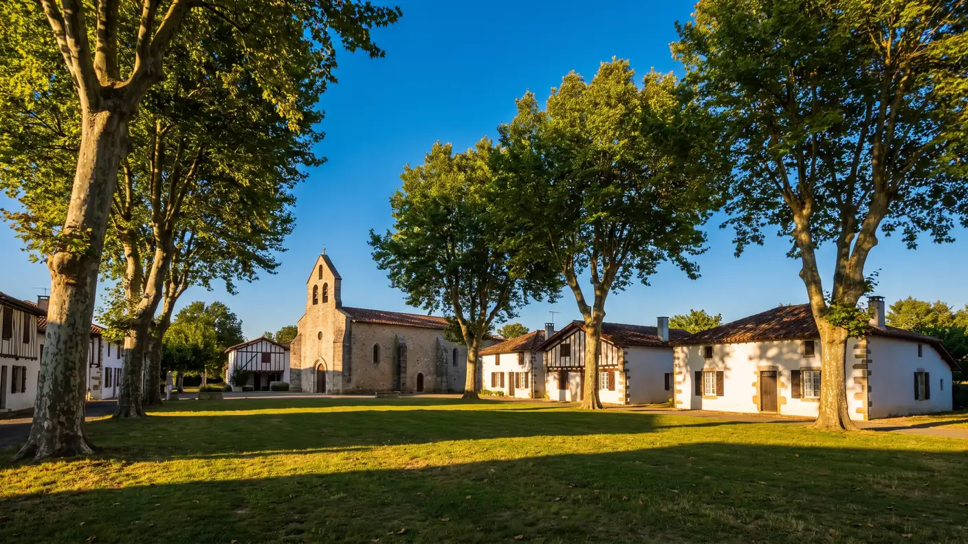 Une modeste église de pierre au clocher simple, maisons landaises à colombages autour d'une place ombragée