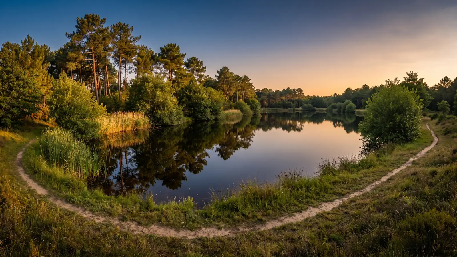 Un étang forestier paisible bordé de roseaux et de pins, eau sombre reflétant les arbres à l'heure dorée