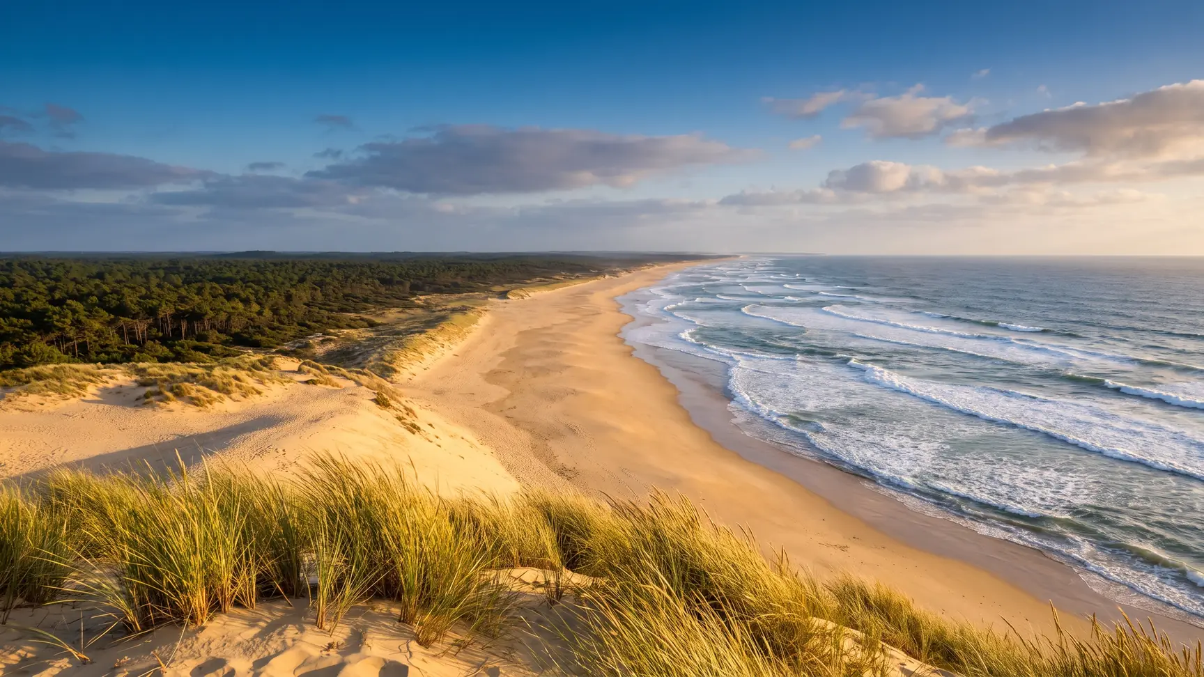 La côte landaise depuis une haute dune, plage déserte et houle de l'Atlantique, forêt de pins à perte de vue