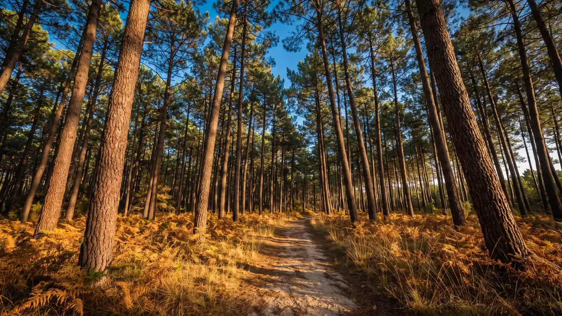 De hauts pins maritimes au tronc roux sur un tapis de fougères dorées, un sentier sablonneux entre les arbres