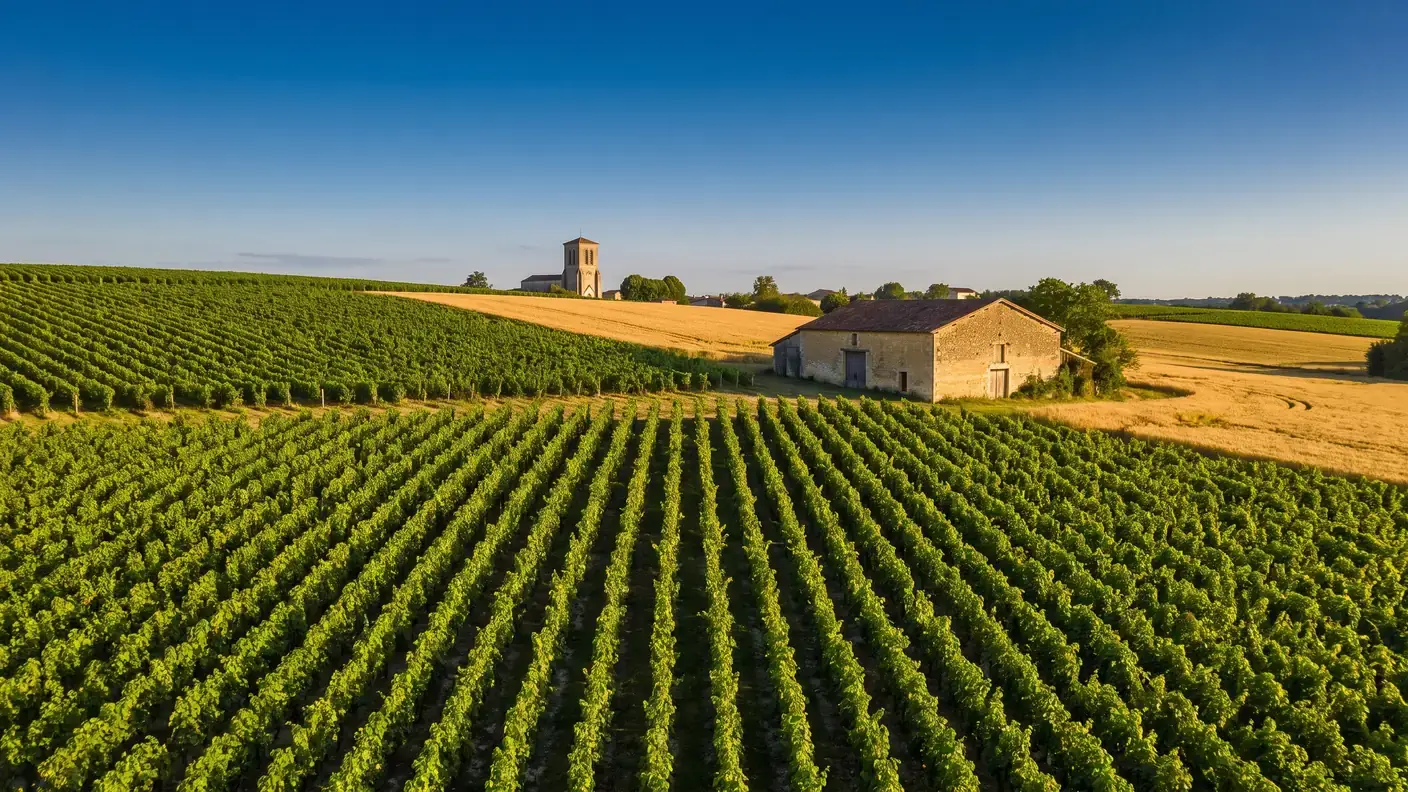 Des rangs de vignes de cognac sur des coteaux calcaires de Charente-Maritime, un chai en pierre, un clocher au loin