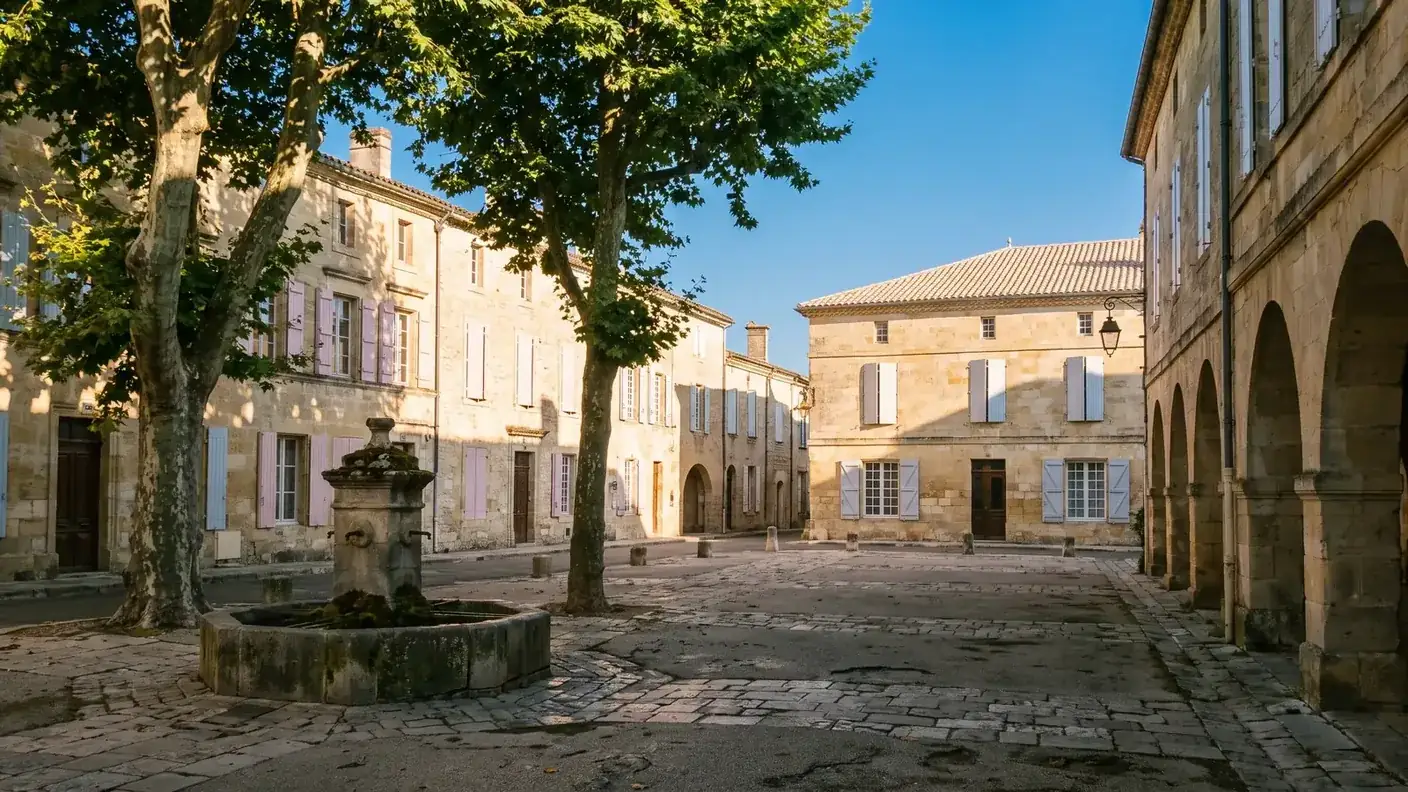 Une place de village saintongeais aux maisons de pierre calcaire, arcades en plein cintre, fontaine de pierre, platanes