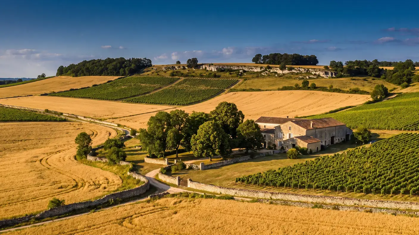 Un patchwork de vignes vertes et de champs de céréales dorés sur des collines le long d'une crête calcaire de Haute-Saintonge