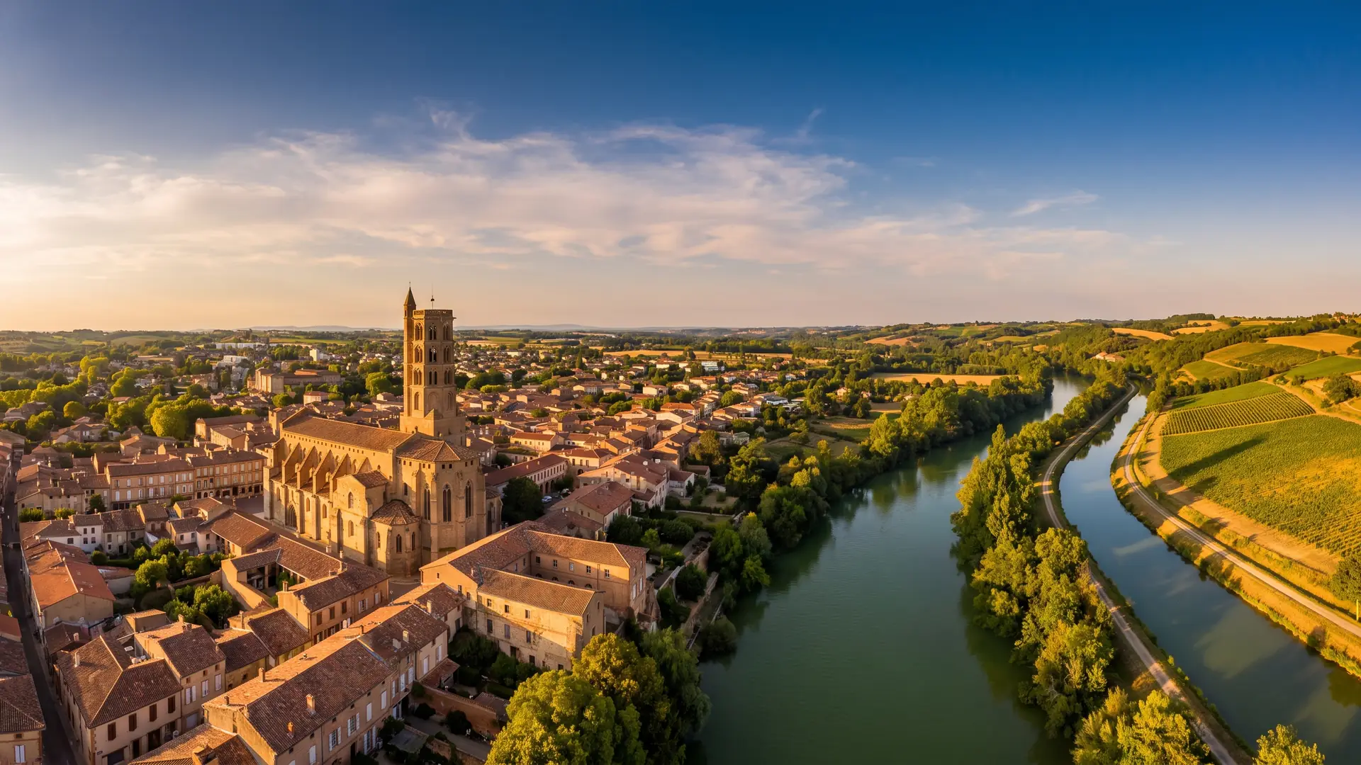 Panorama de Moissac dans le Tarn-et-Garonne, aux portes du Quercy — destination du transfert privé Bordeaux → Moissac