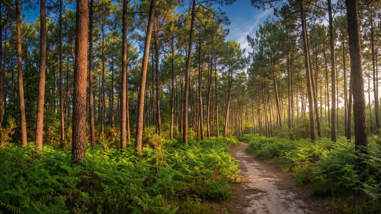 De hauts pins maritimes au tronc roux sur un tapis de fougères, un sentier sablonneux entre les arbres