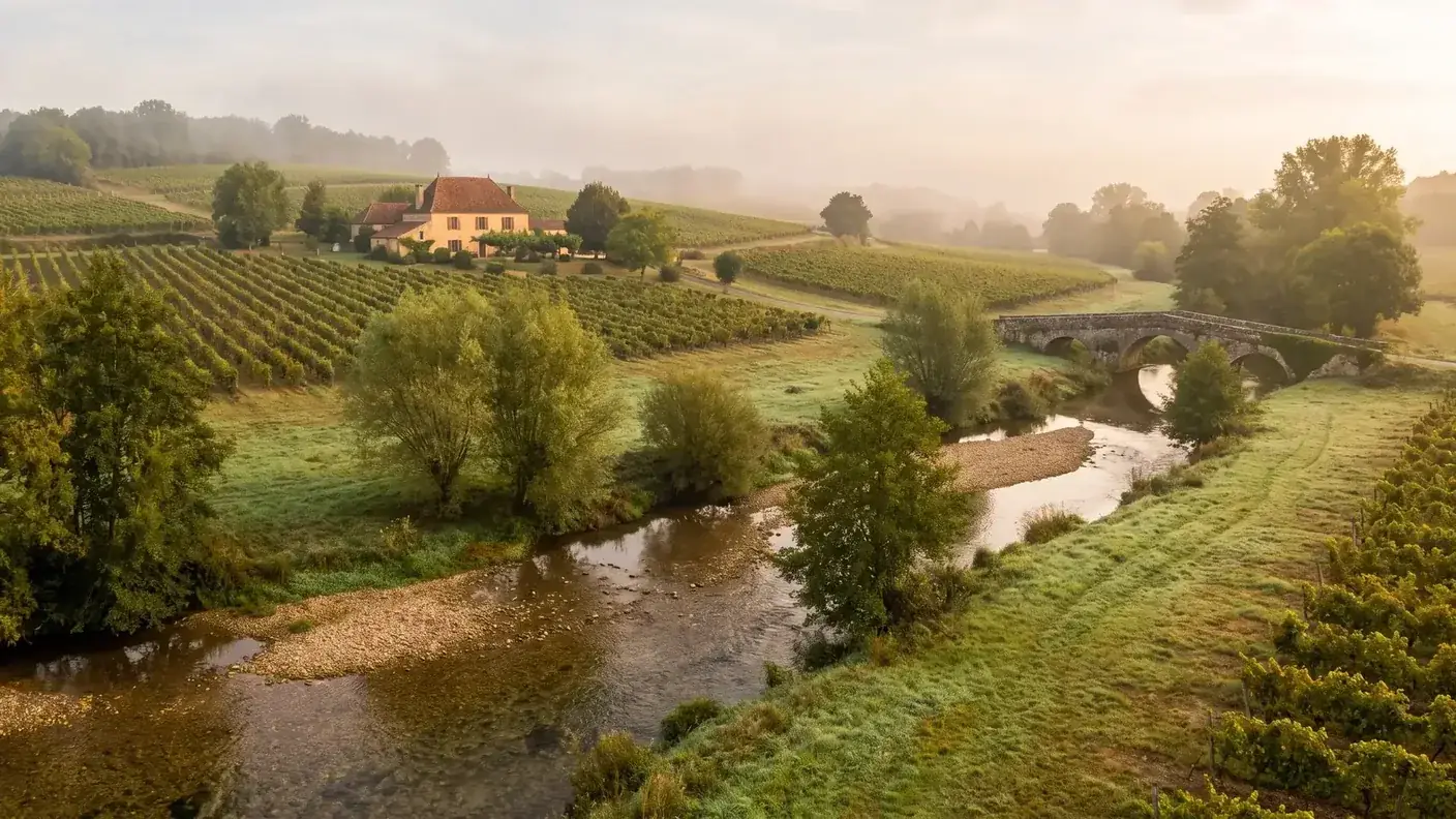Vallée du Seignal, vignes et vieux pont près de Monestier