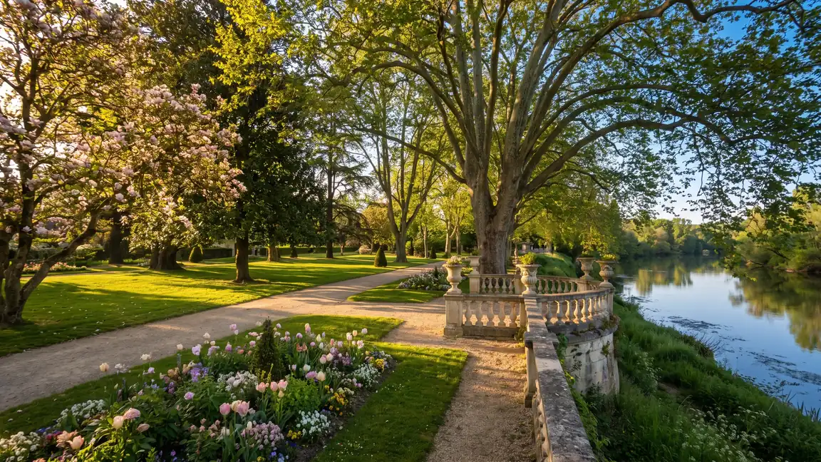 Un jardin public au bord d'une rivière, platanes majestueux, parterres fleuris et terrasse à balustrade, dans les Landes