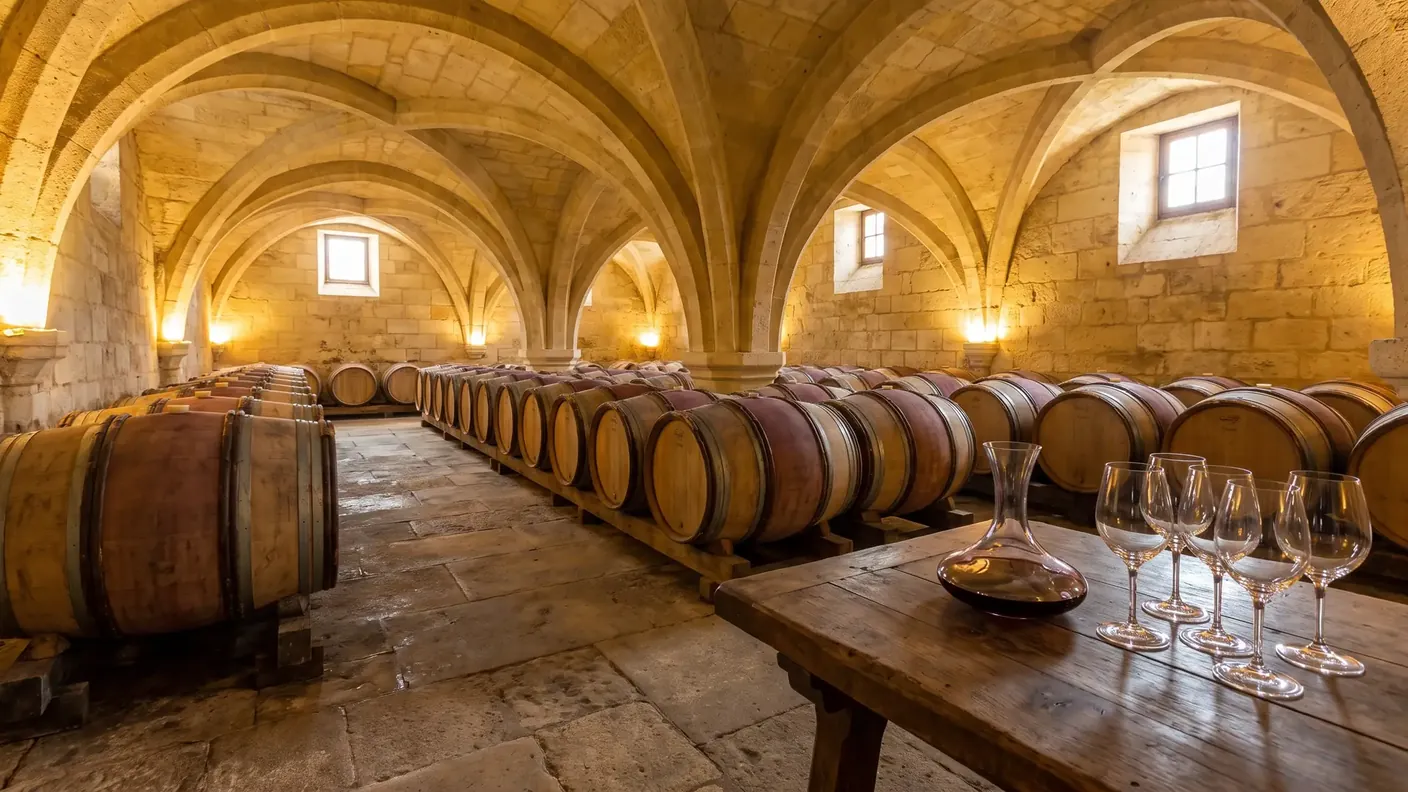 Barriques et table de dégustation dans un chai du Libournais