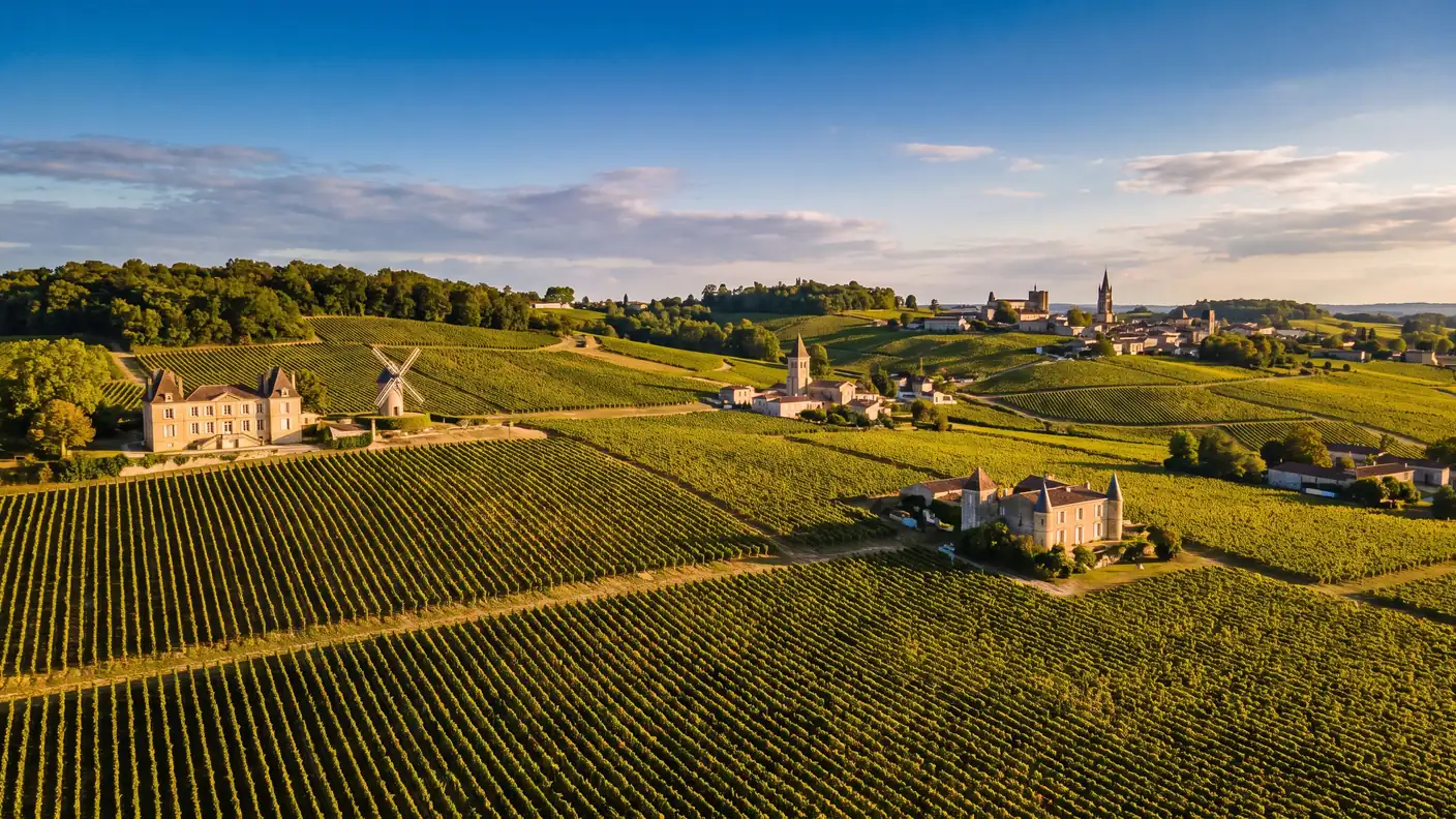 Panorama sur les vignes, châteaux et clochers autour de Montagne