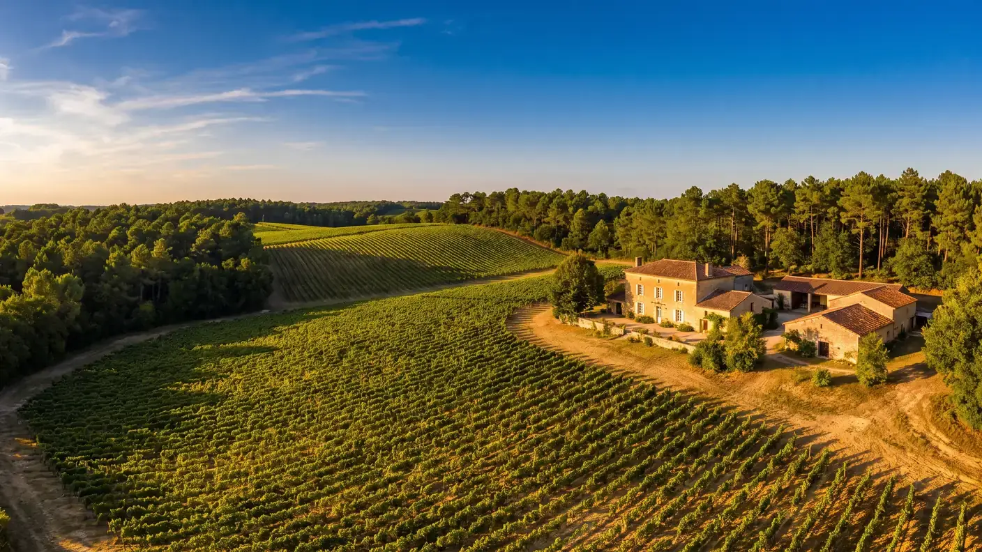 Des rangs de vignes de cognac sur des coteaux en lisière de pinède en Charente-Maritime, une ferme charentaise en pierre