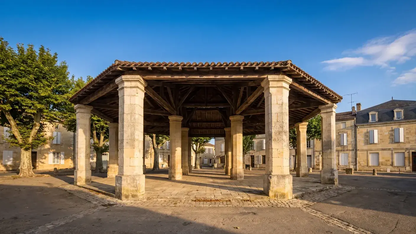Une halle de marché du XIXe siècle en pierre et bois sur une place de village saintongeais