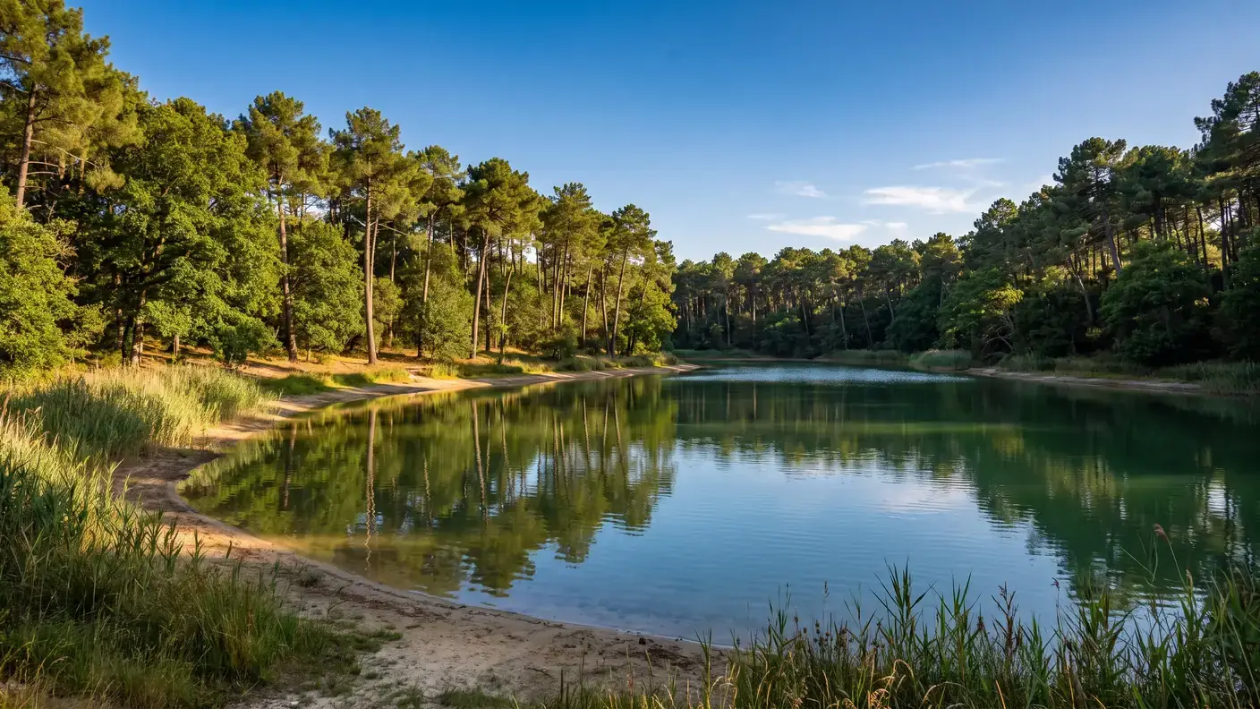 Un étang de loisirs entouré de pins maritimes en Charente-Maritime, eau calme, plage de sable, roseaux