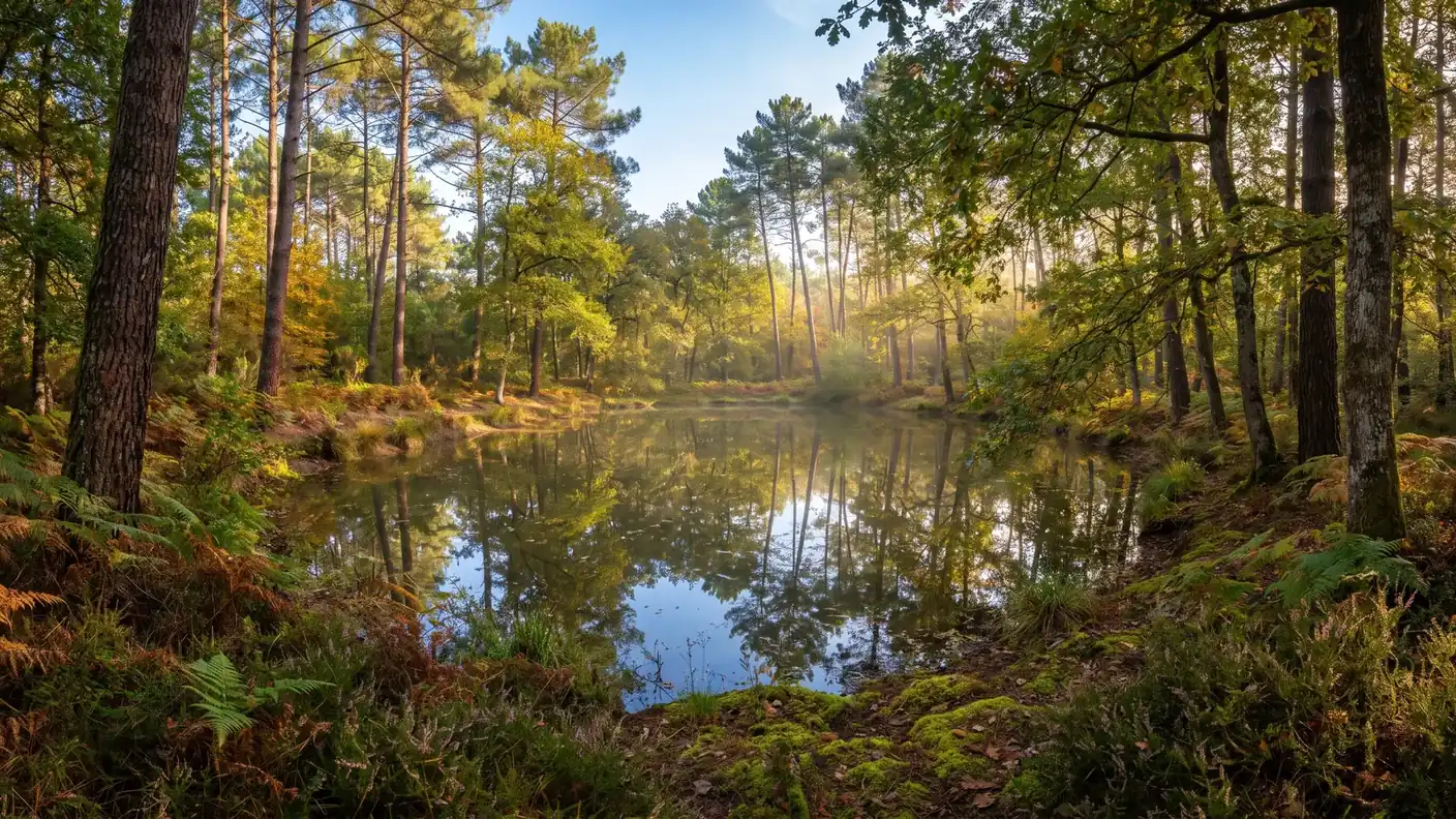 Pins, châtaigniers et étang dans la forêt de la Double