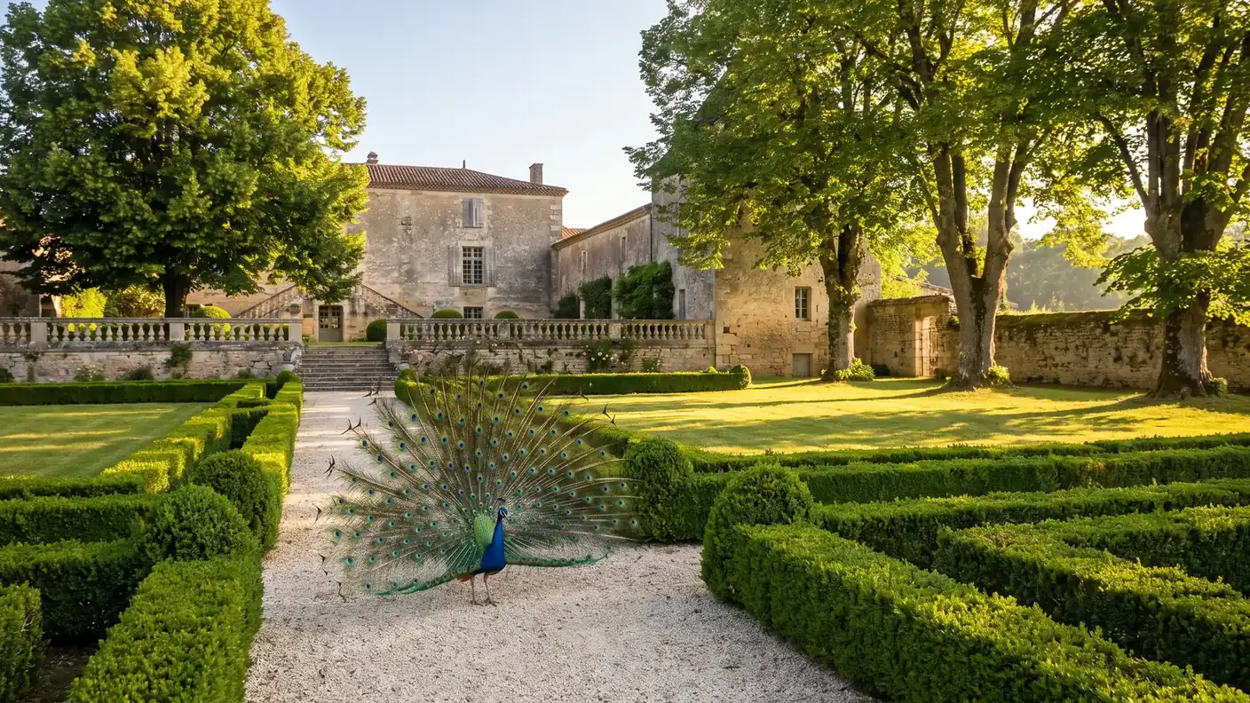 Paon faisant la roue dans un jardin, évocation du nom Montpon
